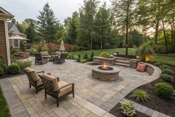 Backyard paver patio with a round stone fire pit, curved seat wall and patio chairs surrounded by landscaping at dusk