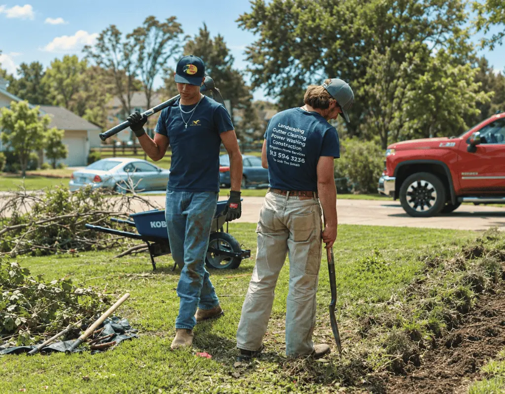 Two Kingston Home Services crew members carrying a shovel and pickaxe while clearing brush from a residential yard