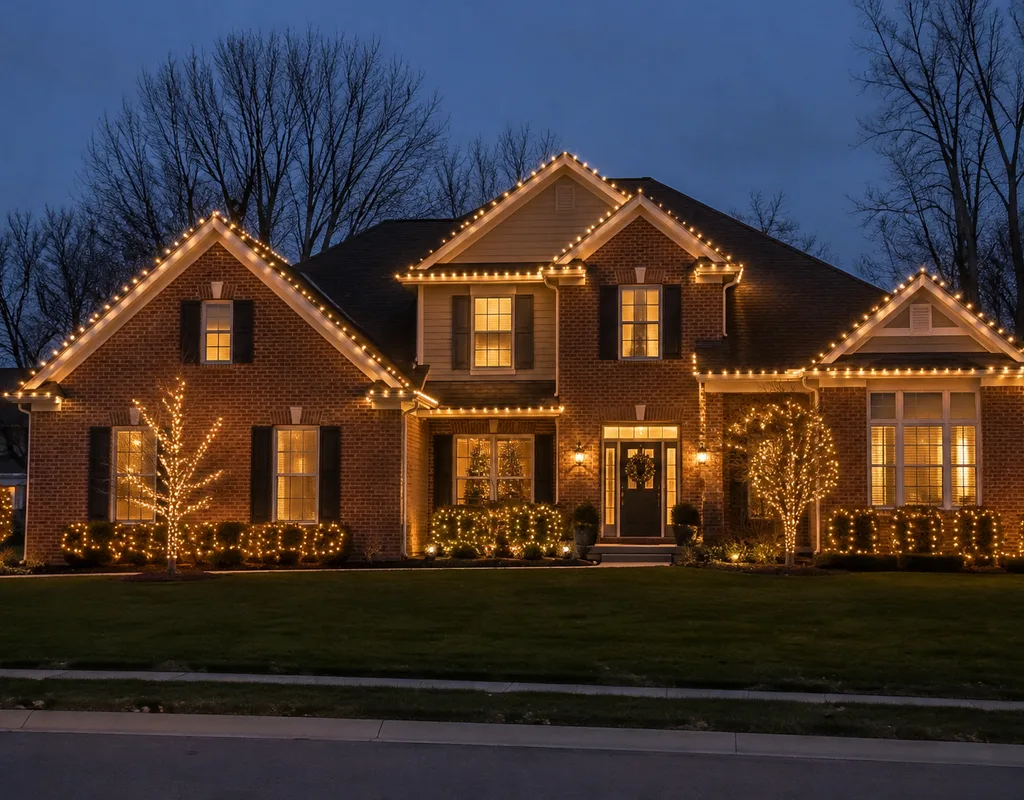Christmas light installation on rooflines, trees and shrubs in Loveland, OH