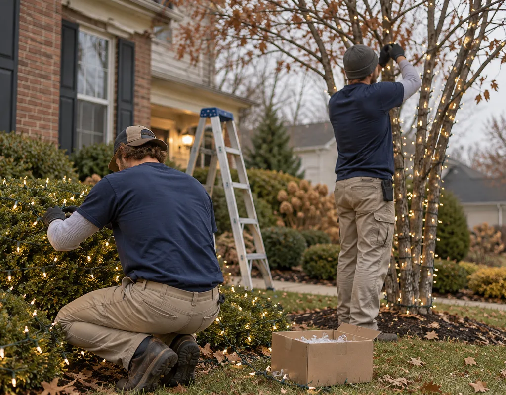 Kingston Home Services crew wrapping shrubs and trees with Christmas lights